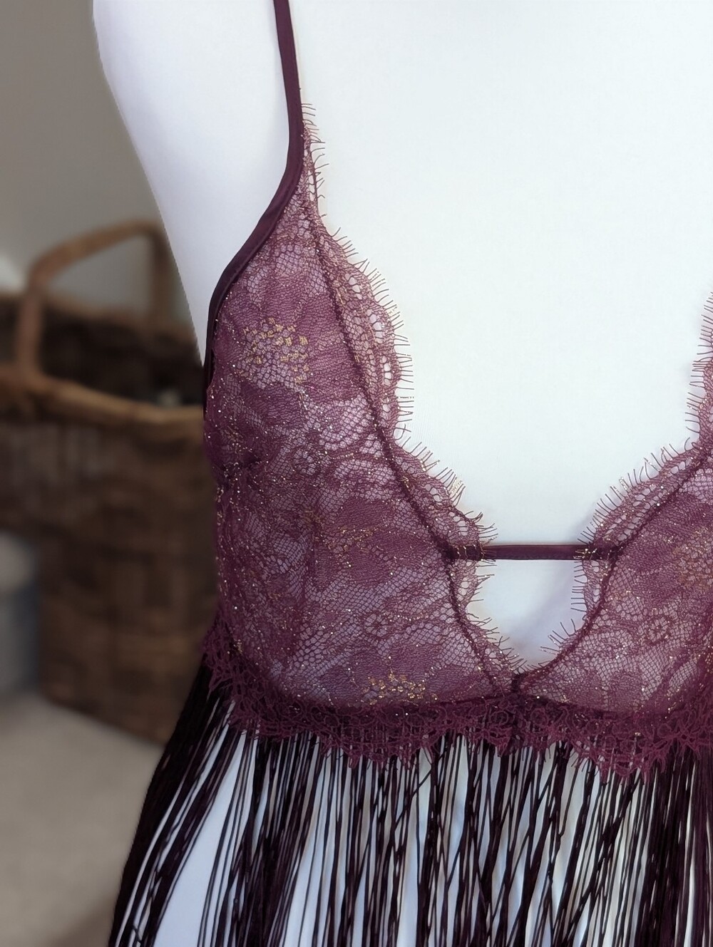 Fringe Lace Lingerie Set Burgundy Plunge Babydoll Teddy Thong 2 Piece NWT Medium - Picture 4 of 13